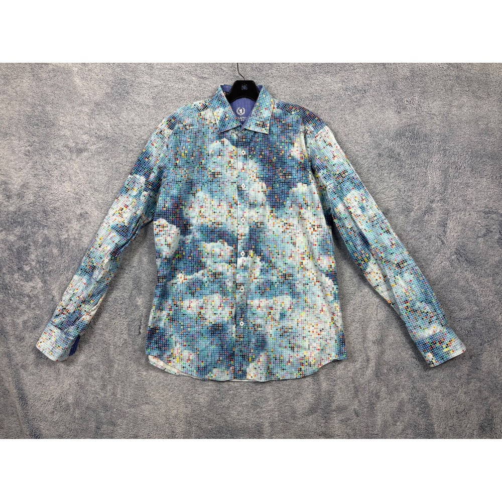 Bugatchi Uomo Mens L Blue Multi Dot Print Shaped Fit Cotton Button Down Shirt